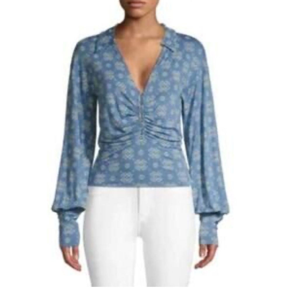 Free People Sydney Chambray Combo with Bishop Sleeves Blouse